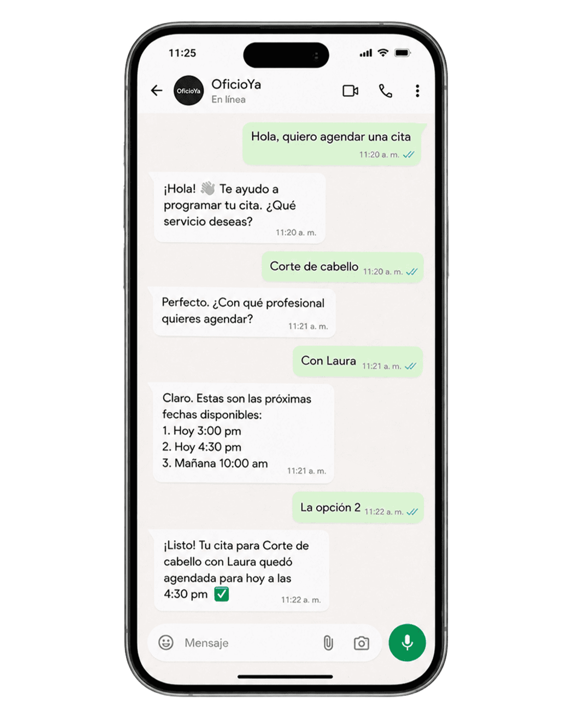 Conversación de WhatsApp agendando una cita con OficioYa